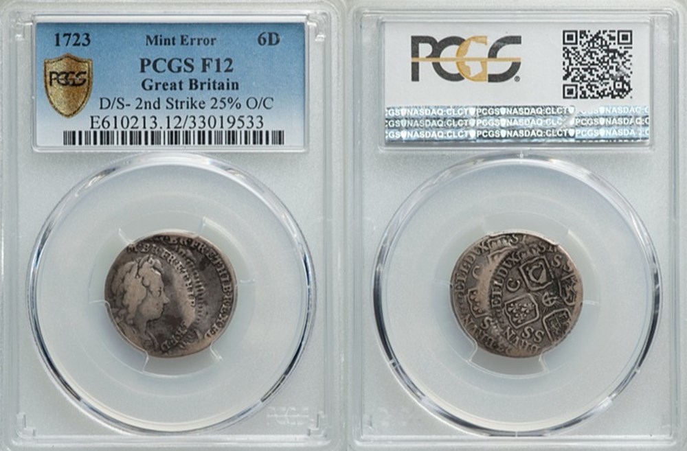 Great Britain: 1723 silver South Sea Company sixpence of George I, double-struck mint error 5 coins european medieval to kingdom england great britain 1723 silver south sea company sixpence of george i double struck mint error
