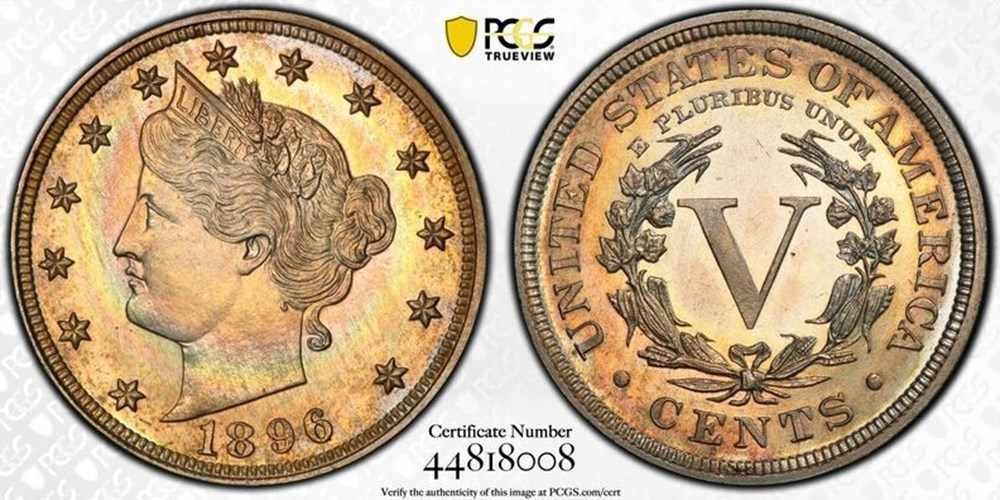 United States: 1896 copper-nickel proof 5-cents, Liberty Head type 2 coins united states 1896 copper nickel proof 5 cents liberty head type