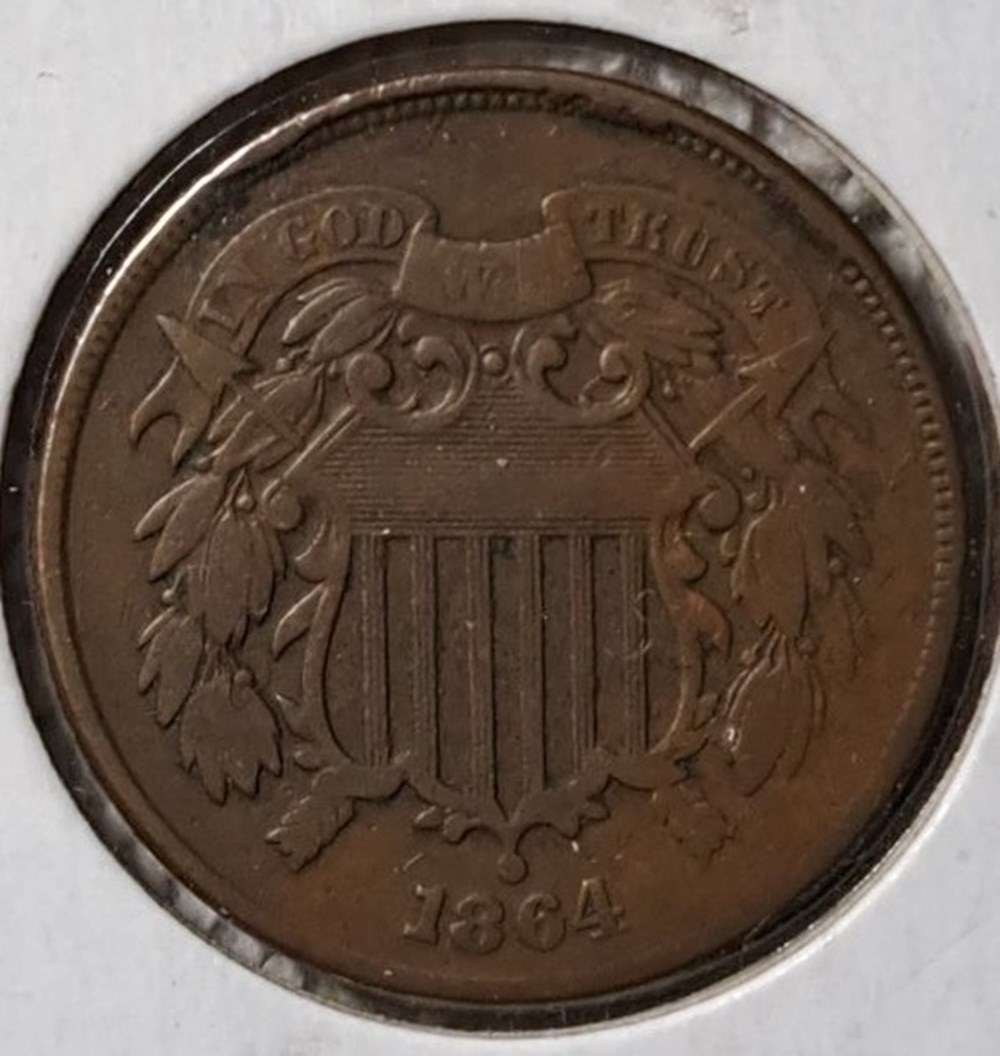 United States: 1864 bronze 2-cent piece 2 coins world united states 1864 bronze 2 cent piece