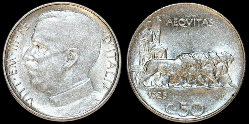 coins world italy nickel 50 centesimi of victor emmanuel iii 1925 r smooth edge variety
