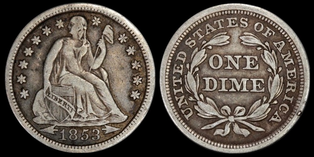 United States: silver Seated Liberty dime, 1853, arrows at date 2 coins world united states silver seated liberty dime 1853 arrows at date