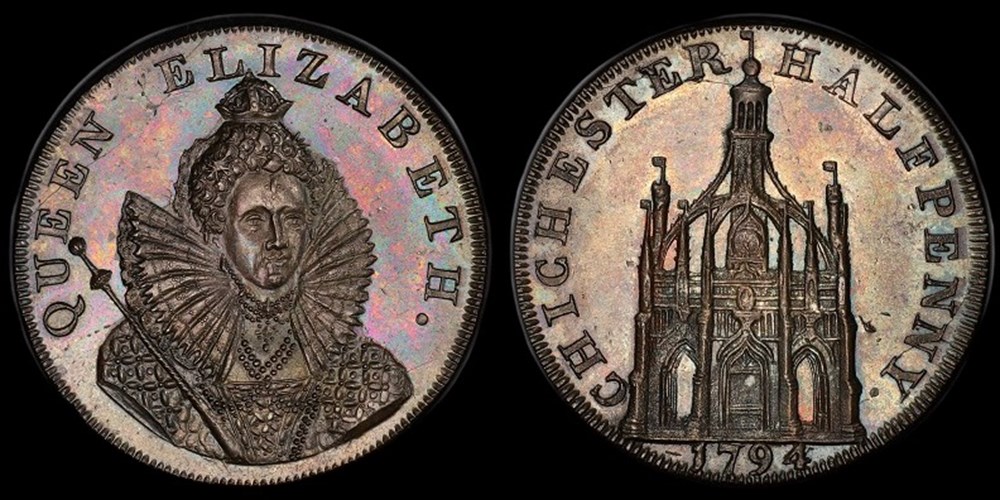 Great Britain (Chichester, Sussex): 1794 copper Conder token, "Chichester Halfpenny" 3 coins exonumia tokens weights great britain chichester sussex 1794 copper conder token chichester halfpenny