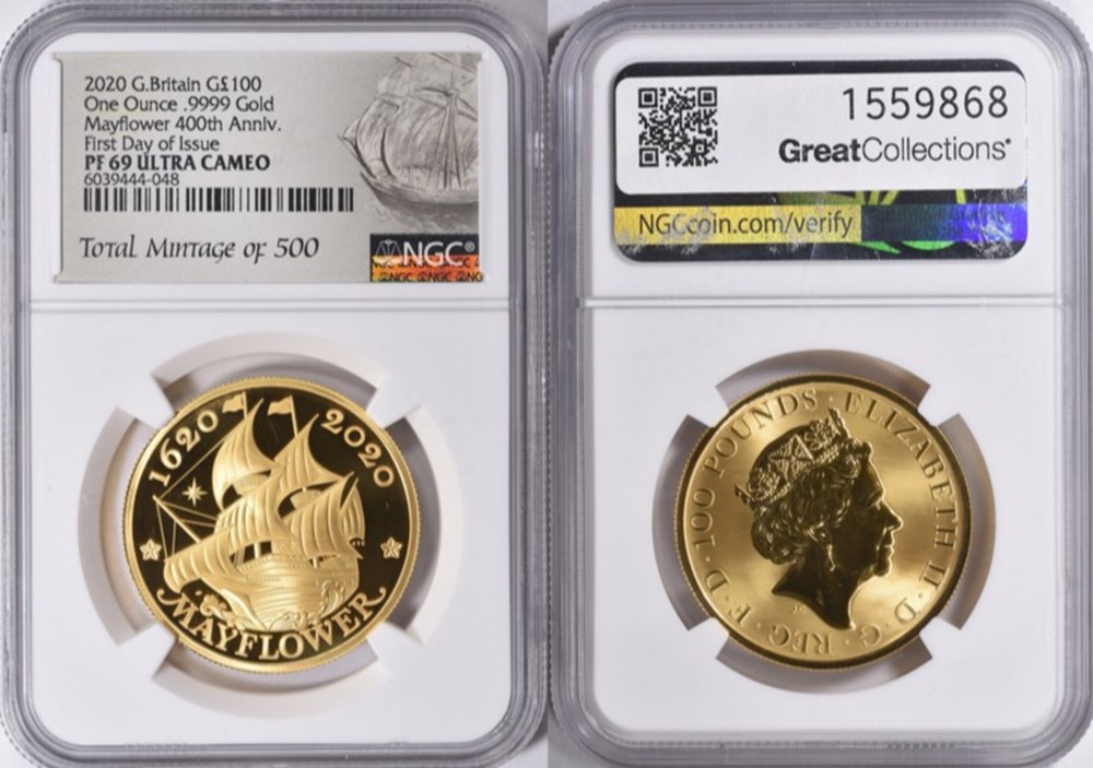 Great Britain: 2020 gold 100-pounds, Mayflower 400th Anniversary commemorative, first day of issue 5 coins world united kingdom great britain 2020 gold 100 pounds mayflower 400th anniversary commemorative first day of issue