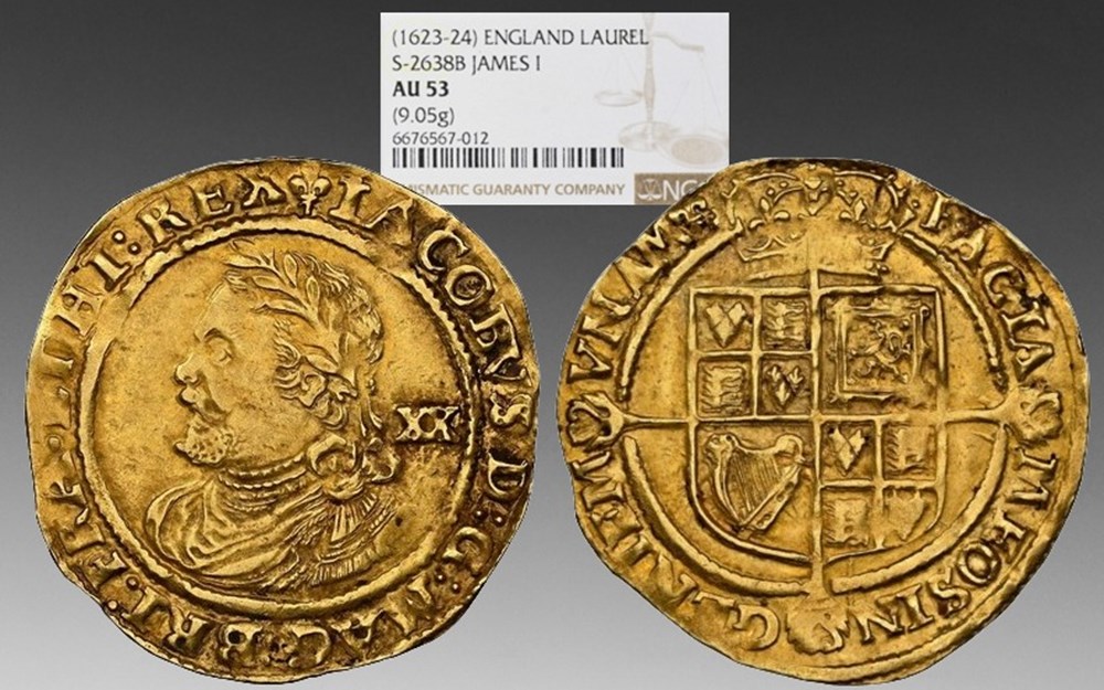 England: ca. 1623-1624 gold Laurel of James I, third coinage, lis mintmark coins european medieval to kingdom england ca 1623 1624 gold laurel of james i third coinage lis mintmark