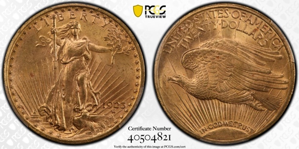 United States: 1923 gold Saint-Gaudens double eagle ($20.00), With Motto 2 coins united states 1923 gold saint gaudens double eagle 20 00 with motto