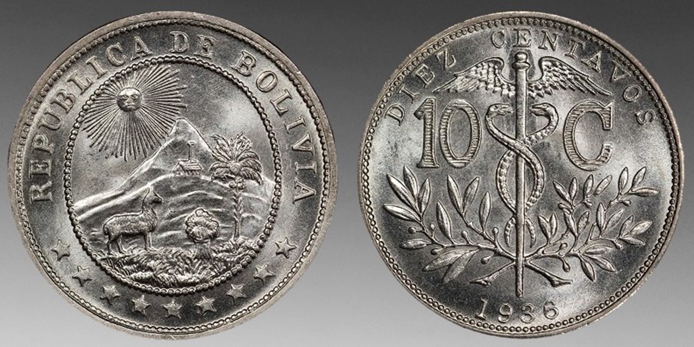 Bolivia: 1936 copper-nickel 10-centavos 4 coins world bolivia 1936 copper nickel 10 centavos