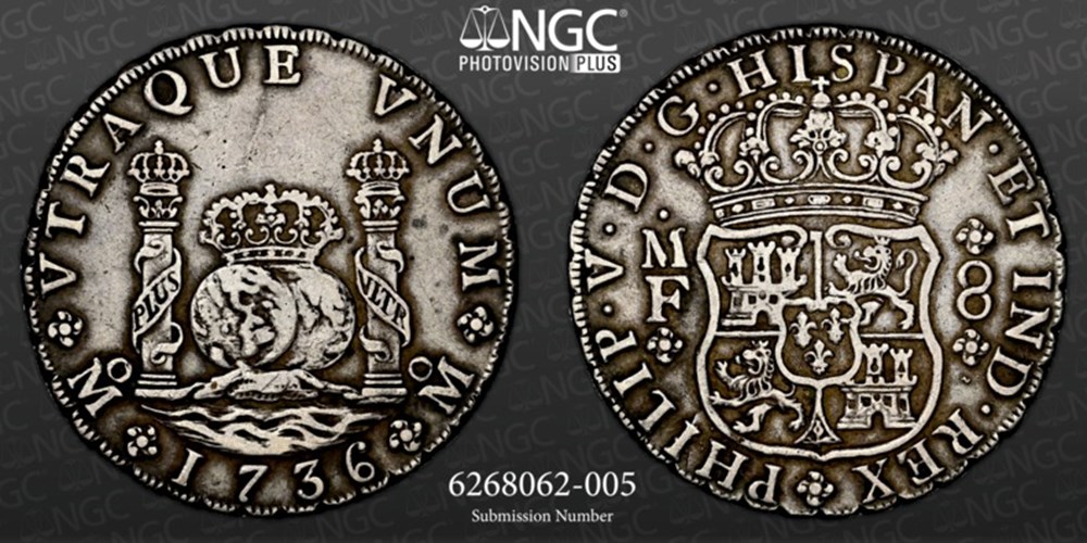 coins colonies mexico spanish colonial 1736 mo mf silver 8 reales pillar dollar mexico city mint