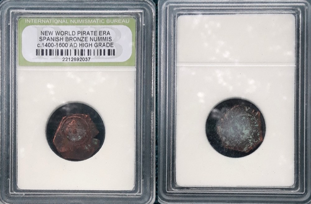 coins european medieval to other spain new world pirate era bronze nummis c 1400 1600 ad sic in inb holder