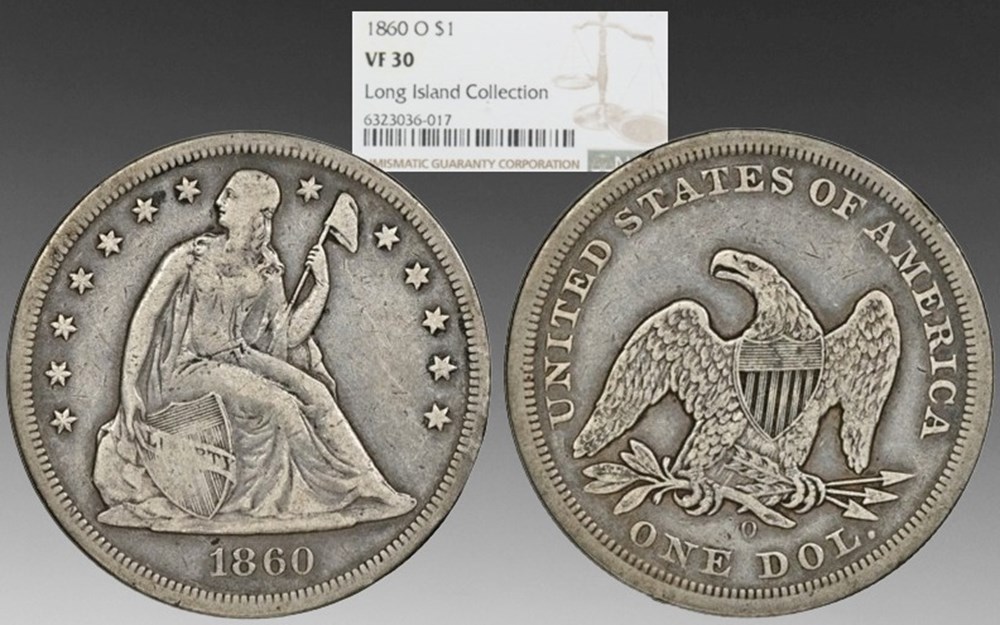 United States: 1860-O silver Seated Liberty dollar, No Motto, ex-Long Island Collection coins world united states 1860 o silver seated liberty dollar no motto ex long island collection