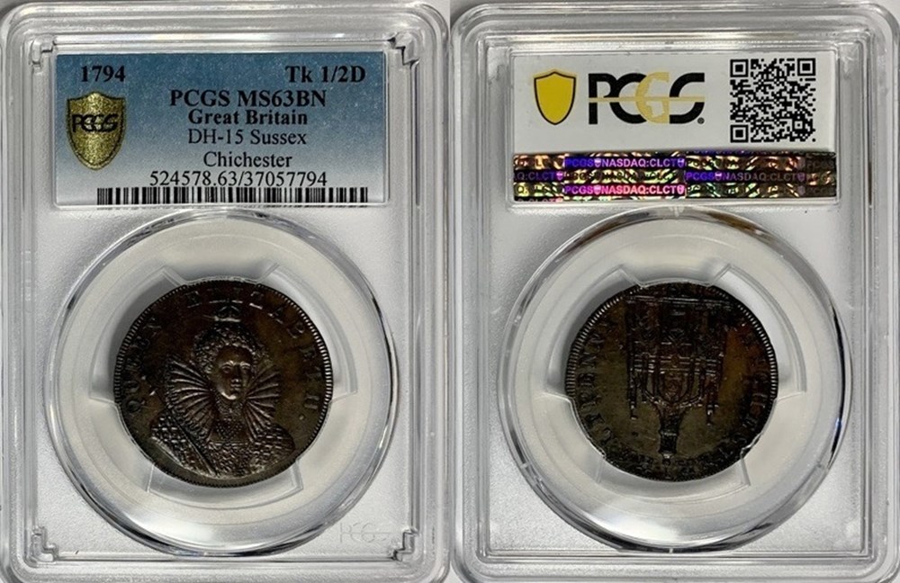 Great Britain (Chichester, Sussex): 1794 copper Conder token, "Chichester Halfpenny" 5 coins exonumia tokens weights great britain chichester sussex 1794 copper conder token chichester halfpenny