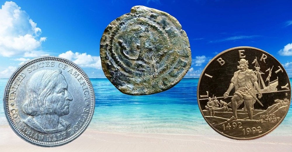 (3 coins) 1474-1992 Spain & USA: trio of Christopher Columbus-related coins 3 coins 1474 1992 spain usa trio of christopher columbus related coins