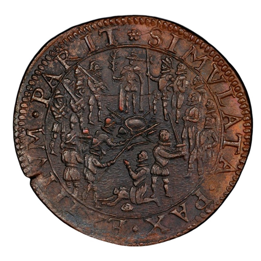 Netherlands: 1596 copper jeton; 80 Years War, beheading scene, Dordrecht mint 3 coins exonumia tokens weights netherlands 1596 copper jeton 80 years war beheading scene dordrecht mint