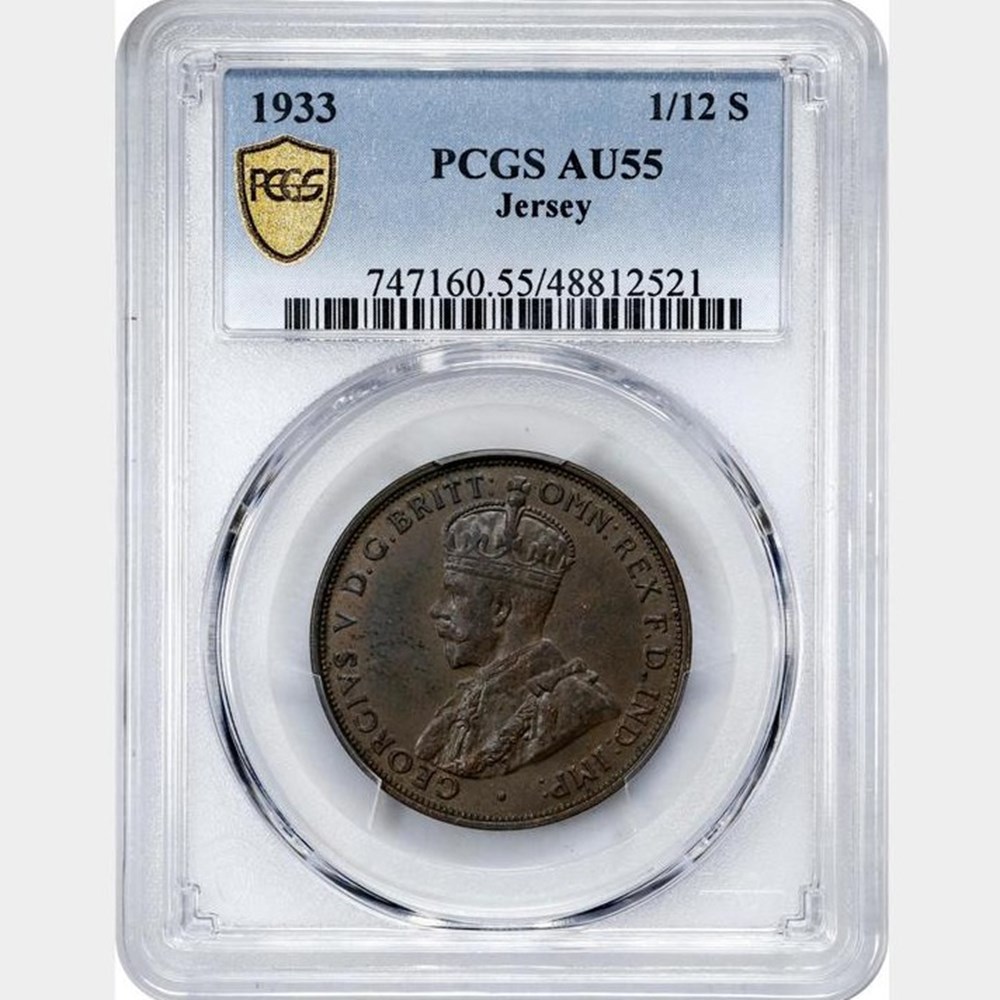 Jersey: 1933 bronze 1/12 shilling of George V (PCGS AU55) 4 coins world jersey 1933 bronze 1 12 shilling of george v pcgs au55