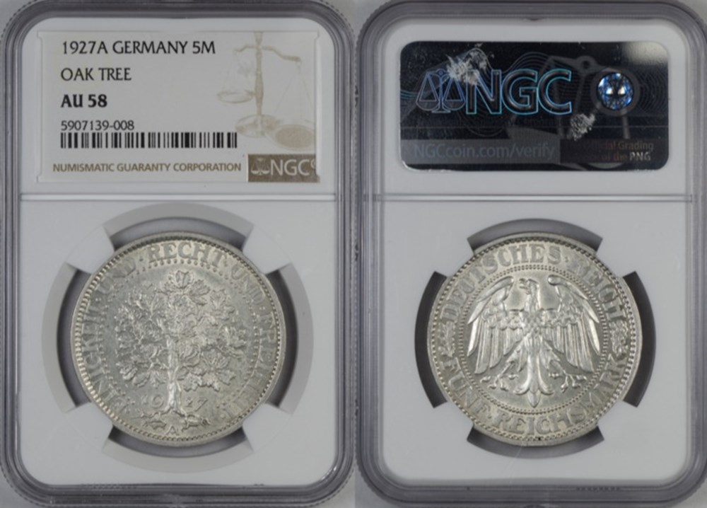 Germany (Weimar Republic), 1927-A silver 5 marks, Oak Tree type 5 coins world germany weimar republic 1927 a silver 5 marks oak tree type