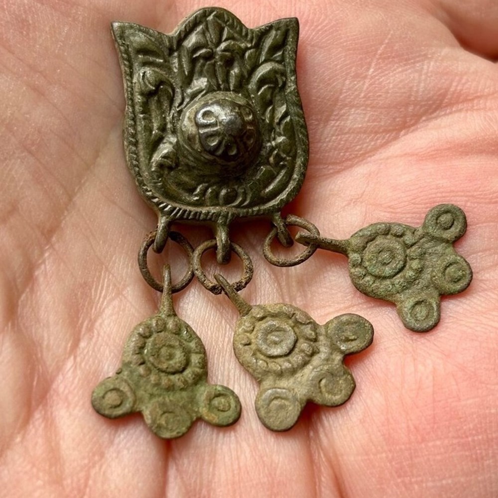 (Artifact) ca. 1100-1500 AD bronze medieval pendant with 3 decorated dangles 2 antiquities archaeology europe artifact ca 1100 1500 ad bronze medieval pendant with 3 decorated dangles