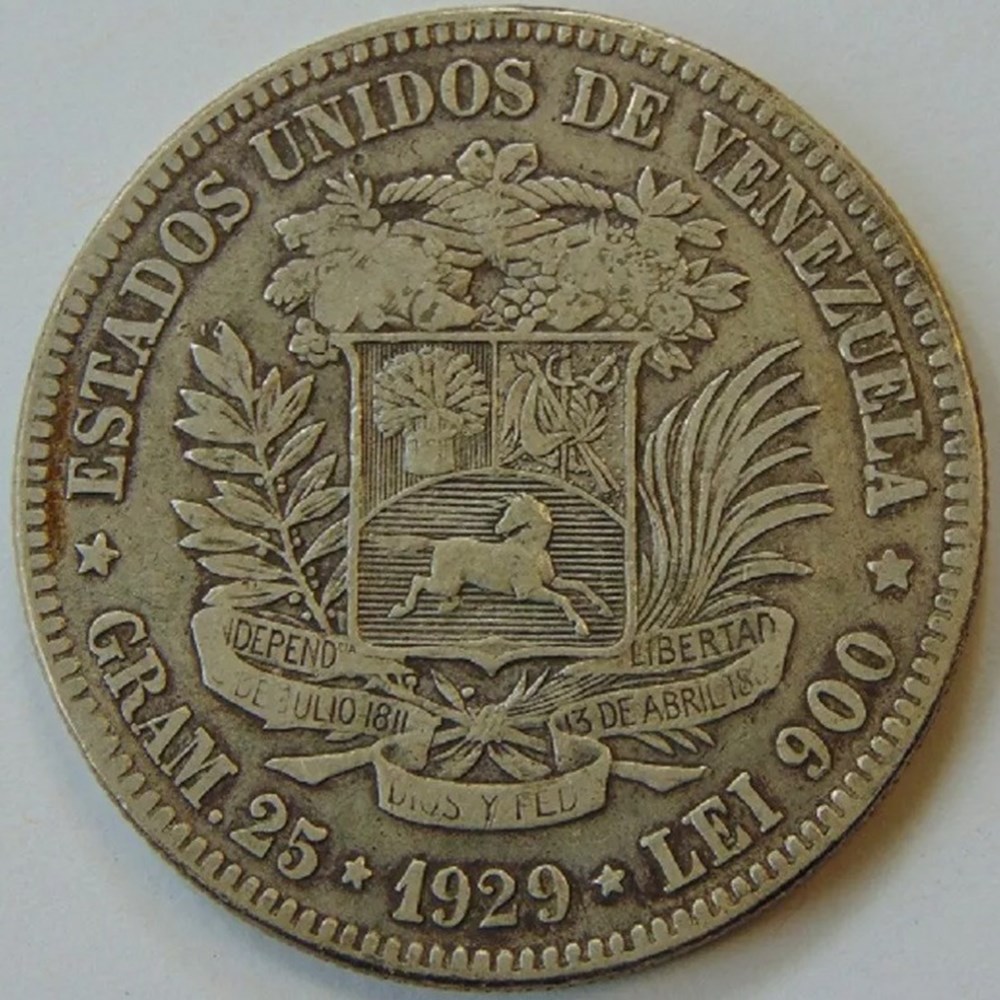 Venezuela: 1929 (p) silver 5-Bolivares, High 9 (?) variety 3 coins world venezuela 1929 p silver 5 bolivares high 9 variety