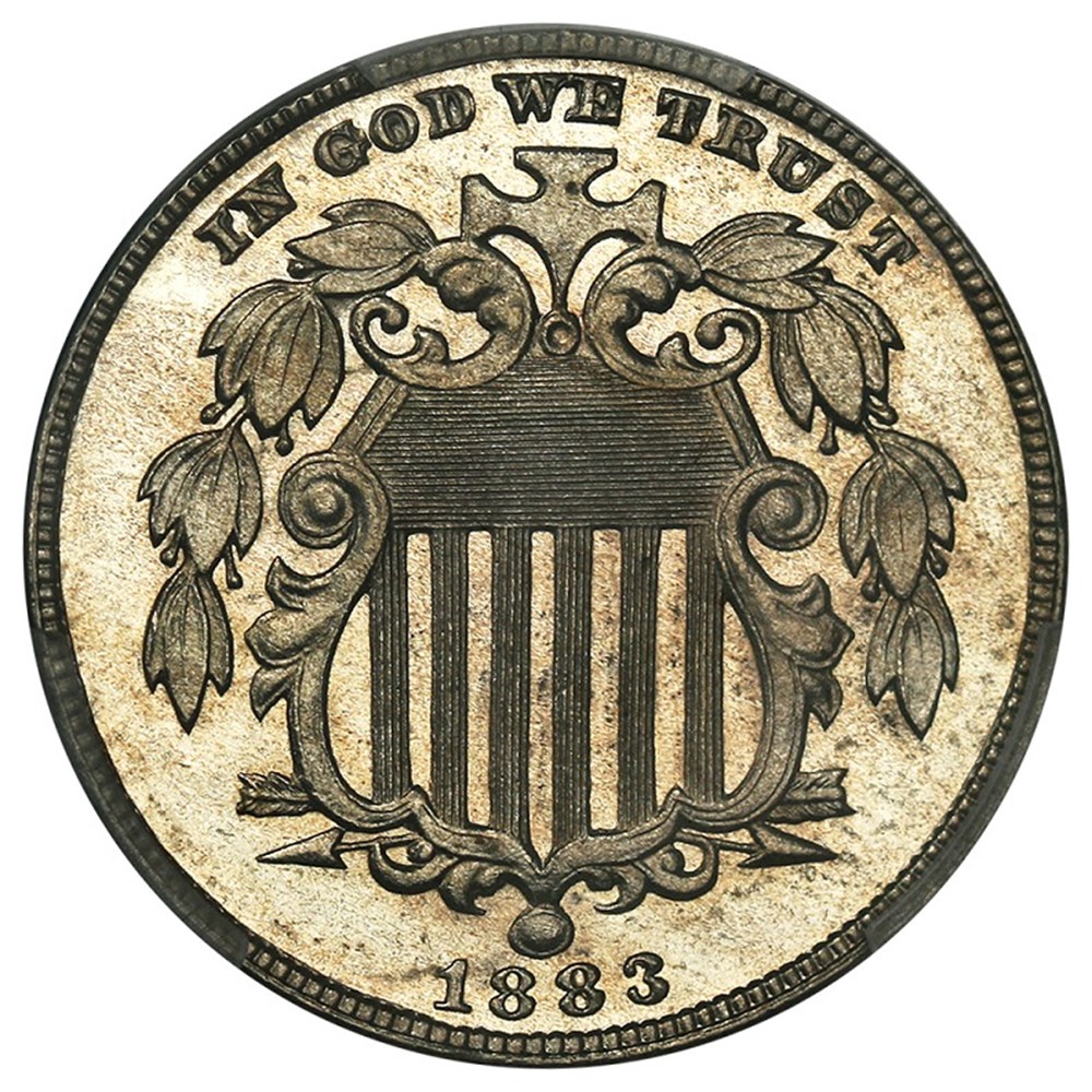 United States: 1883 copper-nickel proof 5-cents, Shield type 3 coins united states 1883 copper nickel proof 5 cents shield type