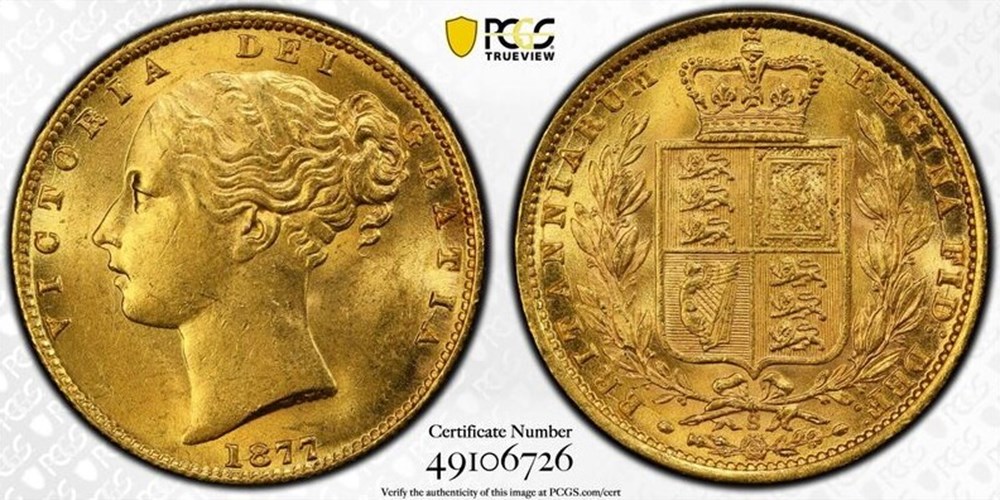 Australia: 1877-S gold “Shield” sovereign of Queen Victoria, from the 1881 RMS Duoro shipwreck 2 coins world australia 1877 s gold shield sovereign of queen victoria from the 1881 rms duoro shipwreck