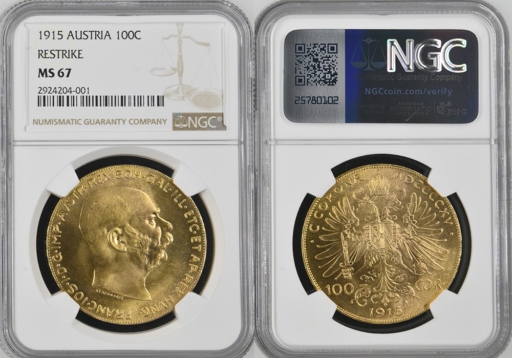 Austria: 1915 gold 100-corona of Franz-Josef I, official restrike 5 coins world austria 1915 gold 100 corona of franz josef i official restrike