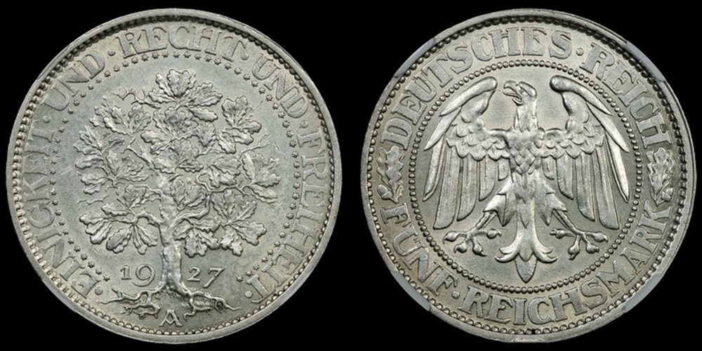 Germany (Weimar Republic), 1927-A silver 5 marks, Oak Tree type 2 coins world germany weimar republic 1927 a silver 5 marks oak tree type