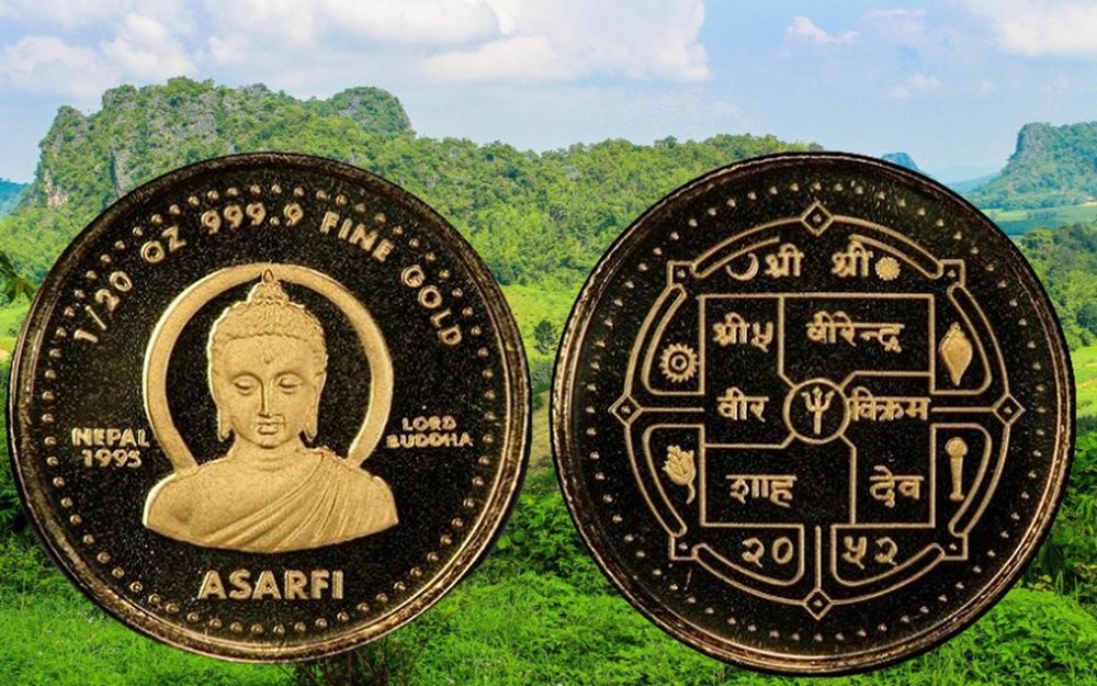 Nepal: VS2052 (1995) gold proof Asarfi of Gyanendra Shah (1/20th-ounce), Lord Buddha commemorative 3 coins world nepal vs2052 1995 gold proof asarfi of gyanendra shah 1 20th ounce lord buddha commemorative