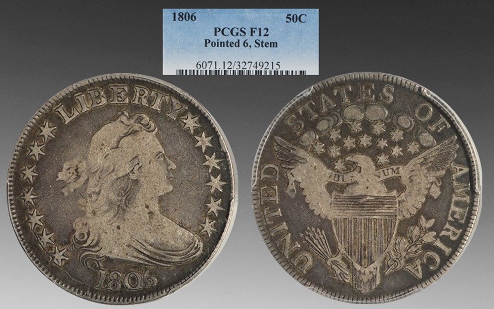 United States: 1806 silver Draped Bust half dollar, "Pointed 6, stem through claw" variety coins world united states 1806 silver draped bust half dollar pointed 6 stem through claw variety