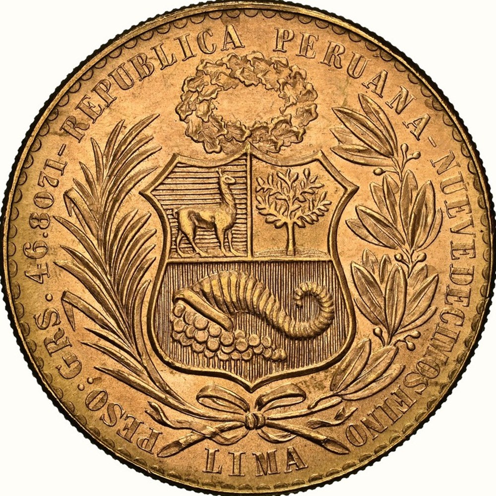 coins world peru 1965 gold 100 soles seated liberty type 9 over inverted 5 variety