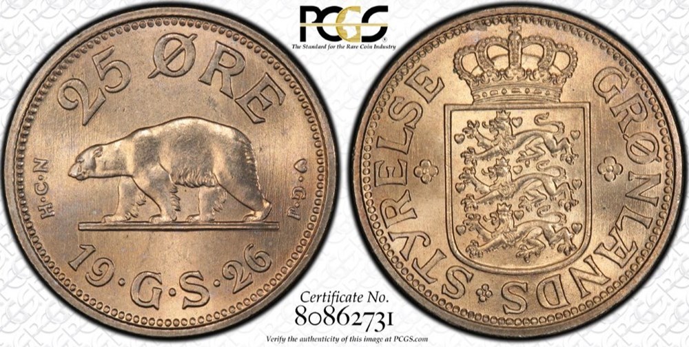 Greenland: 1926 (h) HCN GJ copper-nickel 25-øre, Copenhagen mint 2 coins world greenland 1926 h hcn gj copper nickel 25 re copenhagen mint