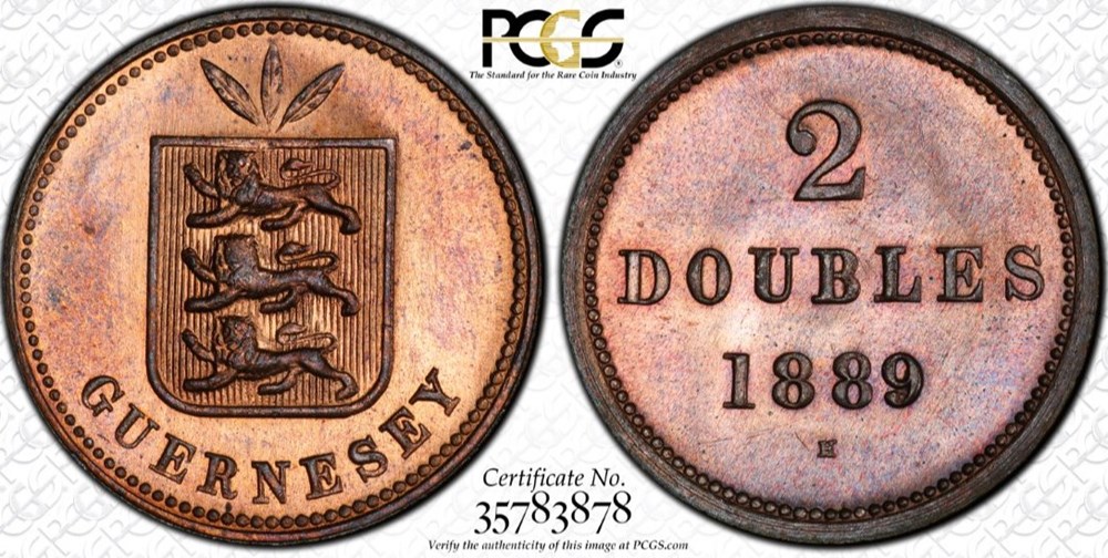 Channel Islands (Guernsey): 1889-H copper 2-doubles, Heaton mint, Birmingham 2 coins world channel islands guernsey 1889 h copper 2 doubles heaton mint birmingham