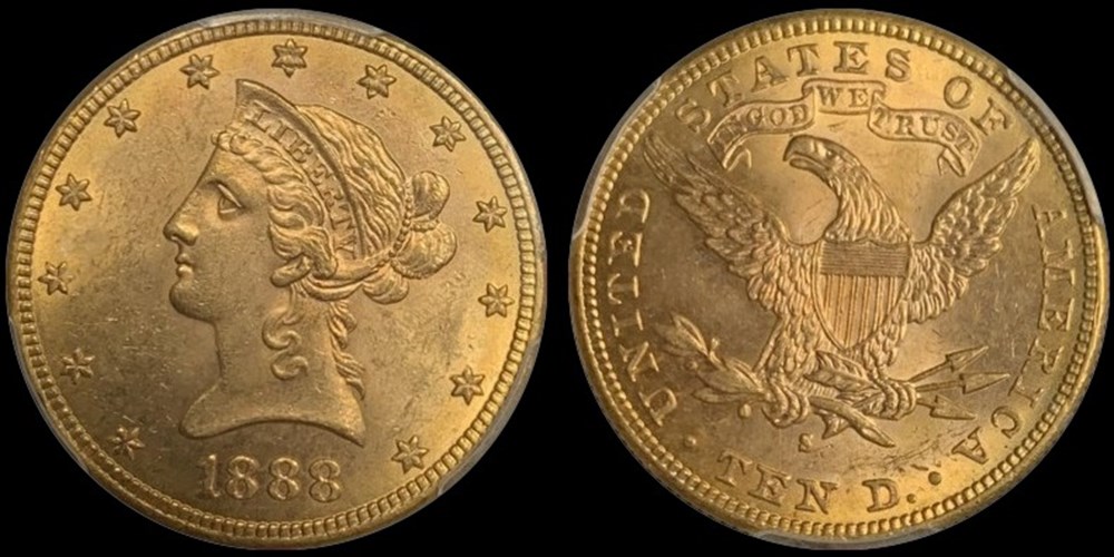 United States: 1888-S gold Liberty Head eagle ($10.00) 2 coins world united states 1888 s gold liberty head eagle 10 00