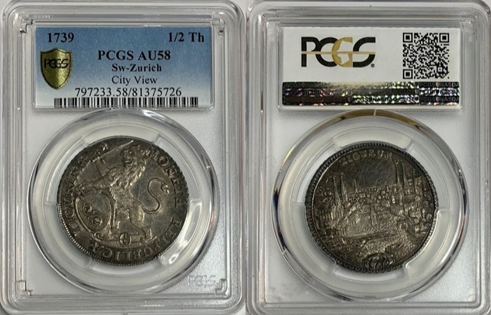 Swiss Cantons (Zürich): 1739 silver "city view" 1/2-thaler (1 gulden of 36 schillings) 5 coins european medieval other swiss cantons zurich 1739 silver city view 1 2 thaler 1 gulden of 36 schillings