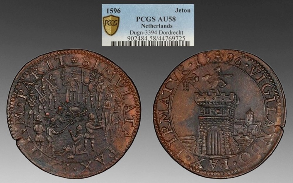 Netherlands: 1596 copper jeton; 80 Years War, beheading scene, Dordrecht mint coins exonumia tokens weights netherlands 1596 copper jeton 80 years war beheading scene dordrecht mint