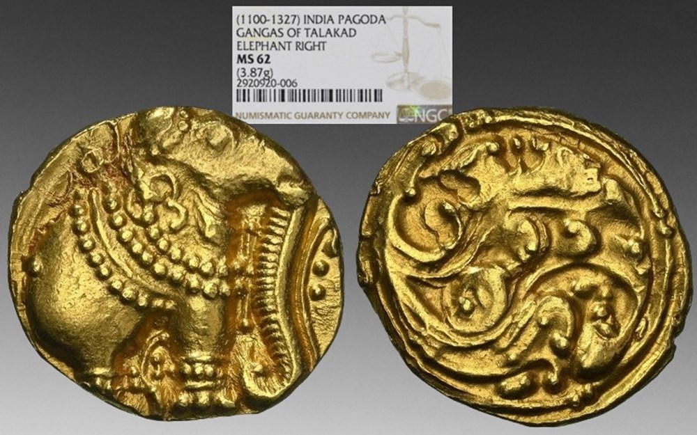 India (Western Gangas of Talakad): ca. 1100-1327 gold Gajapati pagoda, elephant facing right coins india western gangas of talakad ca 1100 1327 gold gajapati pagoda elephant facing right