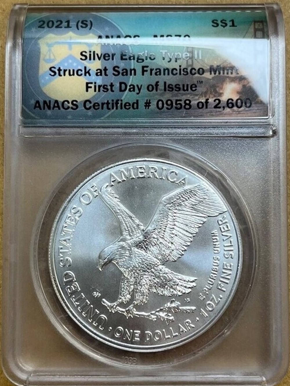 United States: 2021(S) Silver Eagle, Type II, first day issue (ANACS MS70) 2 coins world united states 2021 s silver eagle type ii first day issue anacs ms70
