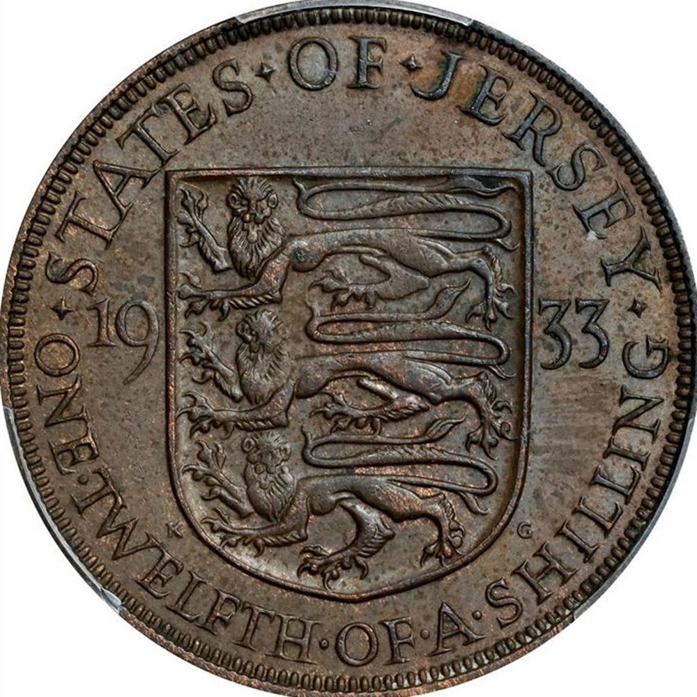 Jersey: 1933 bronze 1/12 shilling of George V (PCGS AU55) 3 coins world jersey 1933 bronze 1 12 shilling of george v pcgs au55