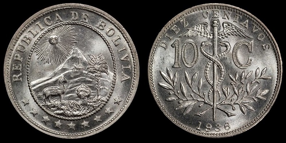 Bolivia: 1936 copper-nickel 10-centavos 3 coins world bolivia 1936 copper nickel 10 centavos