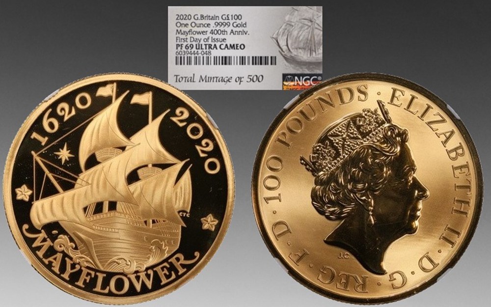 Great Britain: 2020 gold 100-pounds, Mayflower 400th Anniversary commemorative, first day of issue coins world united kingdom great britain 2020 gold 100 pounds mayflower 400th anniversary commemorative first day of issue