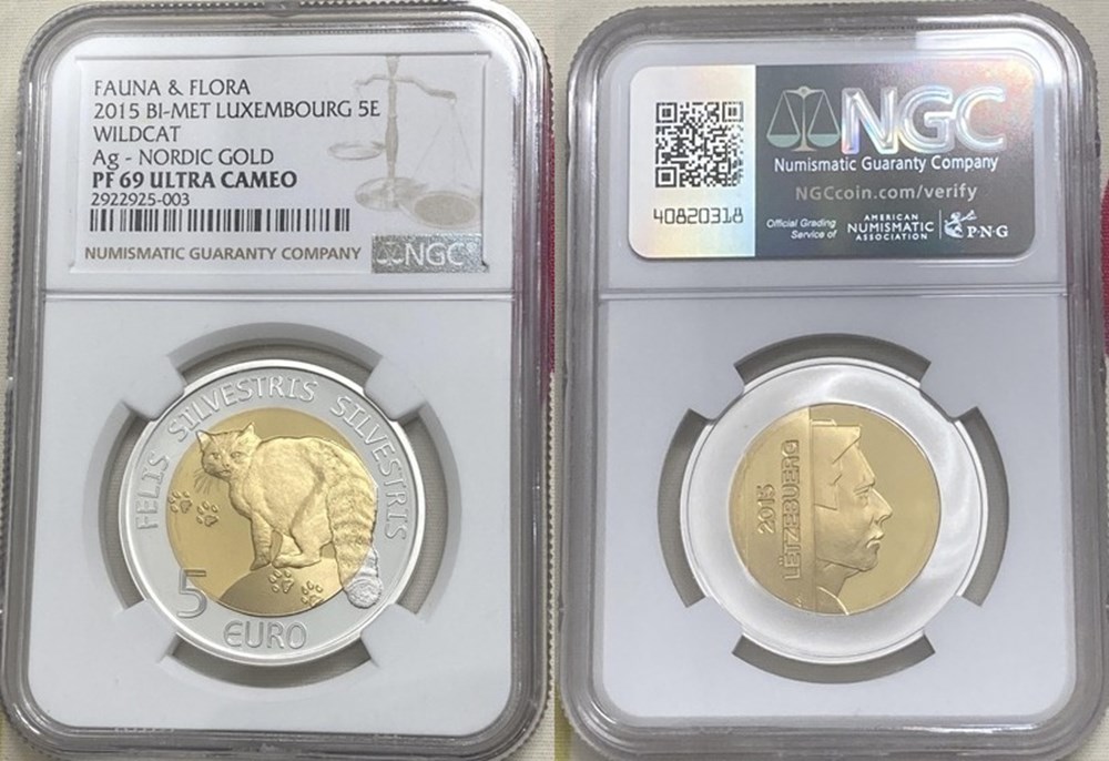 Luxembourg: 2015 proof bimetallic (silver & Nordic gold) 5 euros of Henri I, European Wildcat 5 coins to luxembourg 2015 proof bimetallic silver nordic gold 5 euros of henri i european wildcat