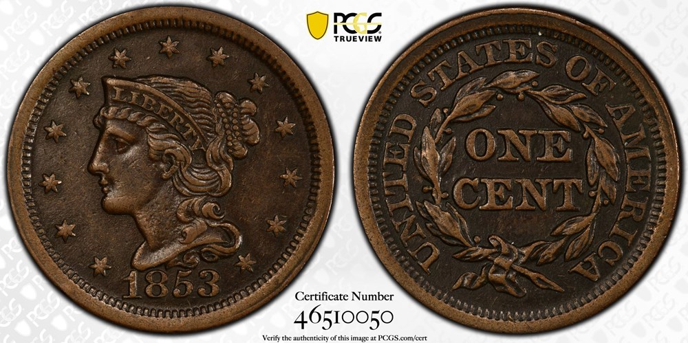 coins world united states 1853 copper braided hair large cent