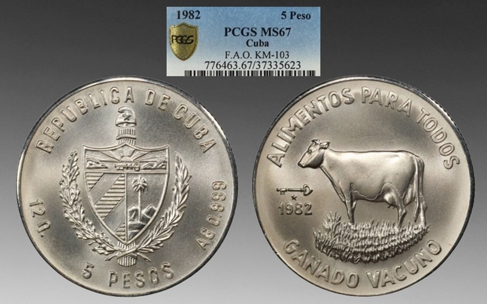 Cuba: 1982 silver 5-pesos, United Nations F.A.O. issue, cattle coins world cuba 1982 silver 5 pesos united nations f a o issue cattle