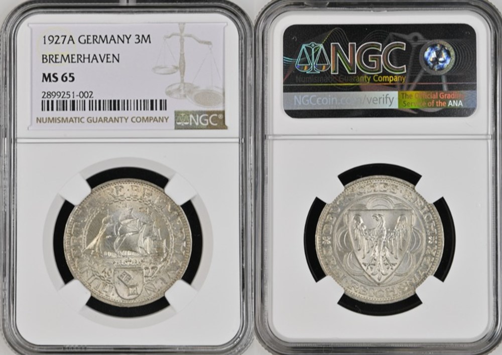 Germany (Weimar Republic): 1927-A silver 3-reichsmark, Bremerhaven commemorative 5 coins world germany weimar republic 1927 a silver 3 reichsmark bremerhaven commemorative