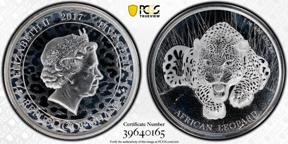 Ghana: 2017 silver 5-cedis of Elizabeth II, African Leopard commemorative, 1-ounce, .999 fine 2 coins world ghana 2017 silver 5 cedis of elizabeth ii african leopard commemorative 1 ounce 999 fine
