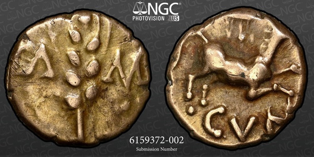 coins celtic tribes catuvellauni trinovantes ca 8 41 ad gold quarter stater of cunobelin