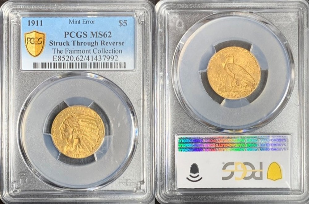 United States: 1911 gold Indian Head half eagle ($5.00), Reverse Struck Through mint error 5 coins world united states 1911 gold indian head half eagle 5 00 reverse struck through mint error