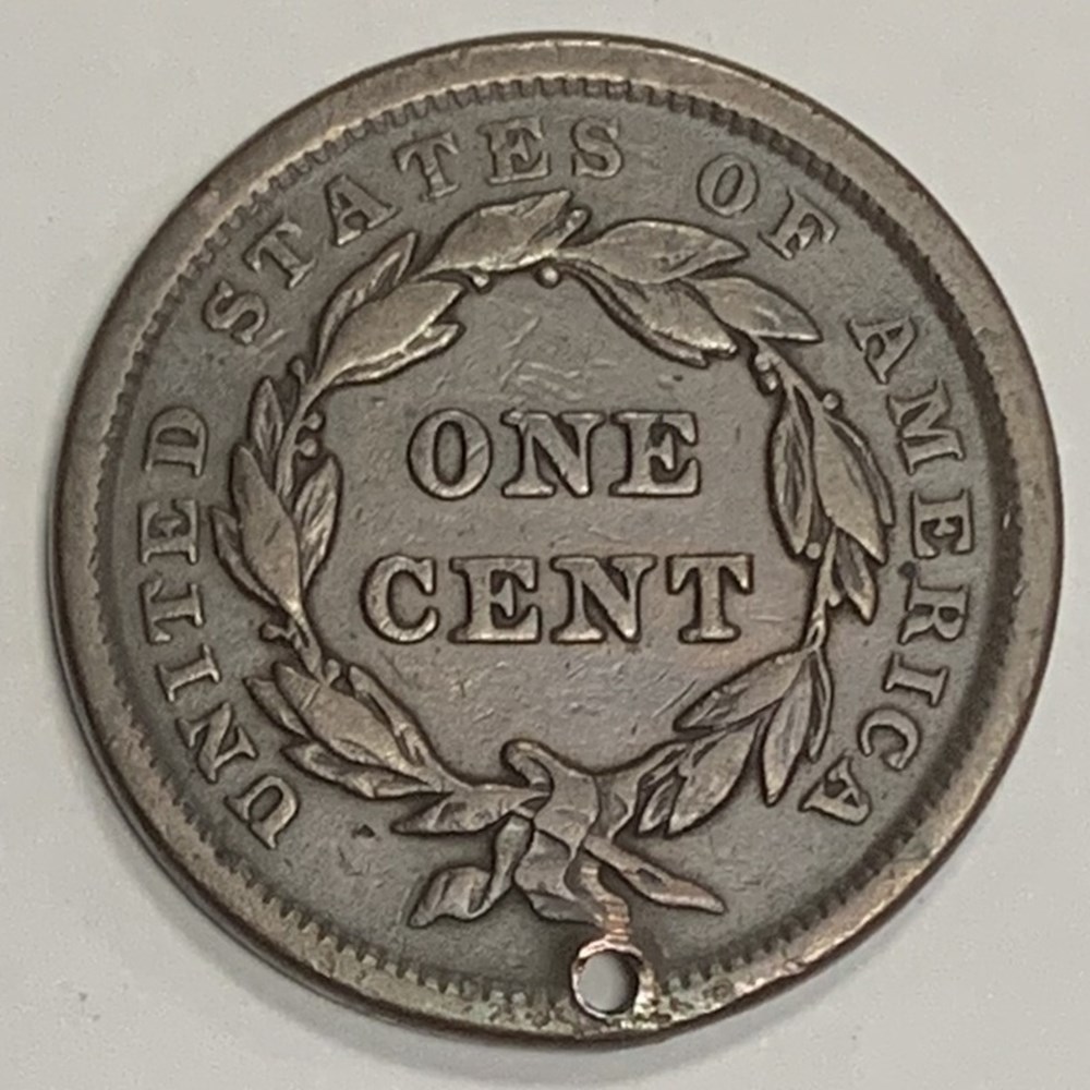 coins world united states usa 1843 braided hair large cent holed