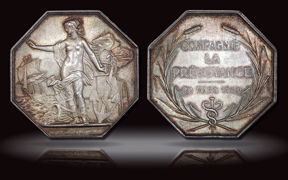 France (Compagnie La Prévoyance): 1869 silver jeton engraved by Paulin Tasset 4 coins exonumia tokens weights france compagnie la prevoyance 1869 silver jeton engraved by paulin tasset