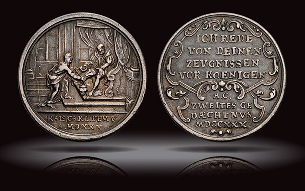 Germany (Nürnberg): 1730 silver Augsburg Confession medal by Daniel Dockler the Younger 4 coins exonumia tokens weights germany nurnberg 1730 silver augsburg confession medal by daniel dockler the younger