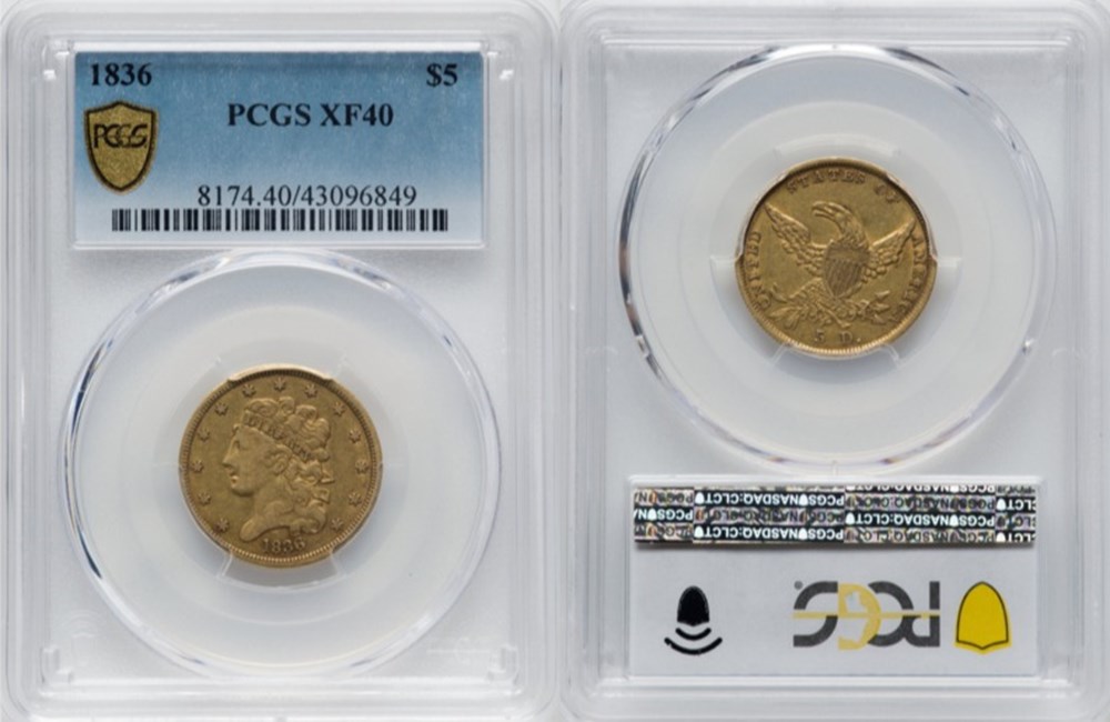 United States: 1836 gold Classic Head half-eagle ($5.00) 5 coins united states 1836 gold classic head half eagle 5 00