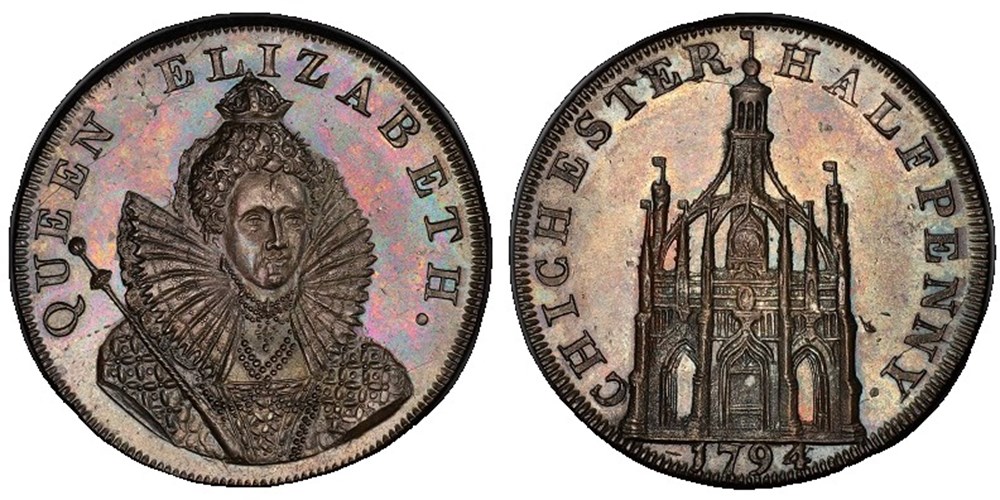 Great Britain (Chichester, Sussex): 1794 copper Conder token, "Chichester Halfpenny" 4 coins exonumia tokens weights great britain chichester sussex 1794 copper conder token chichester halfpenny