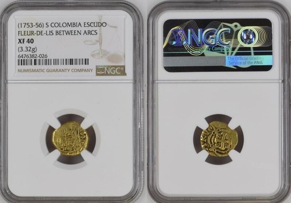 coins world colombia spanish colonial ca 1753 56 gold cob type escudo of ferdinand vi s assayer mark